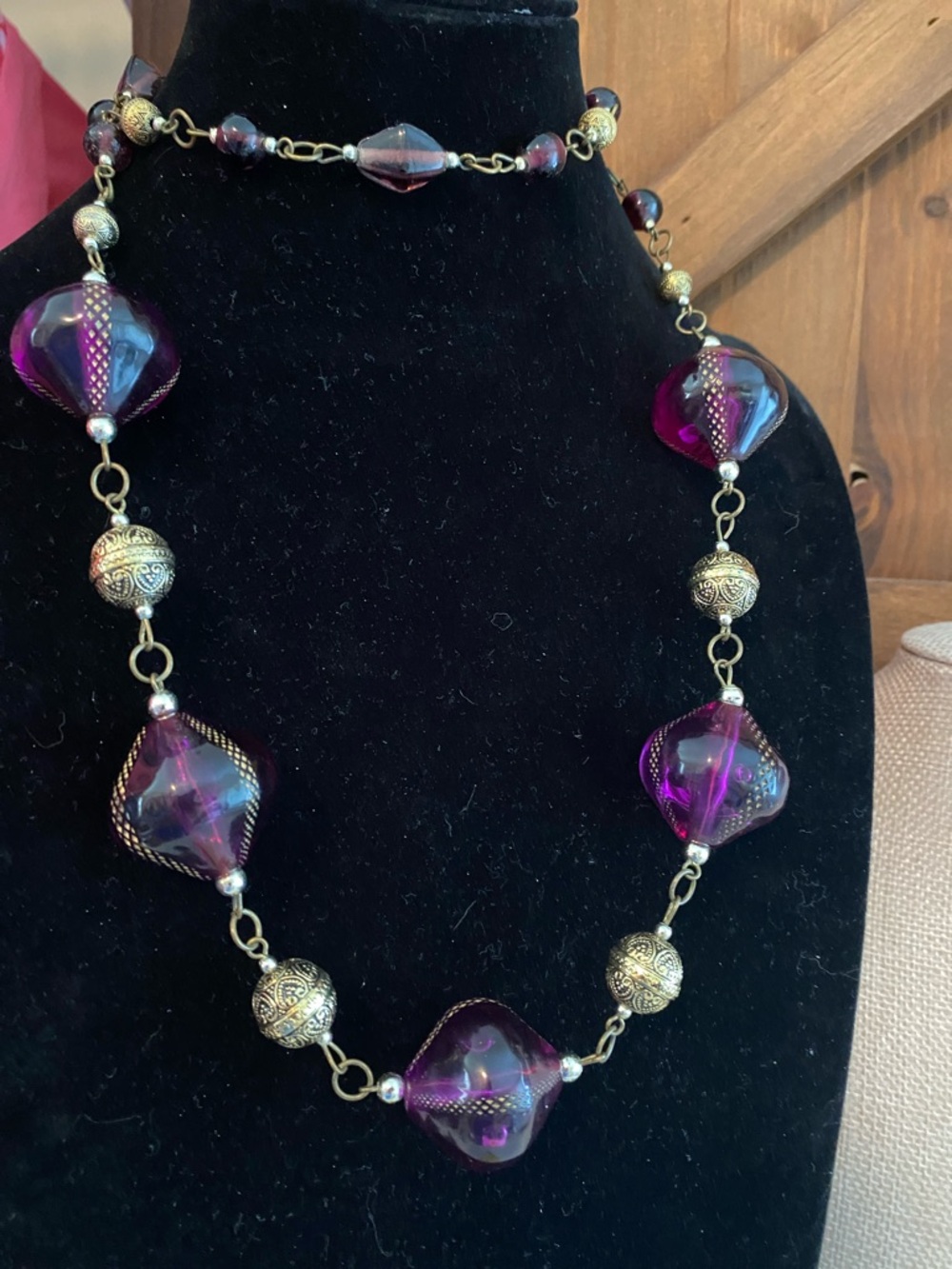 VTG Purple Glass Bead and Filigree Chain Necklace